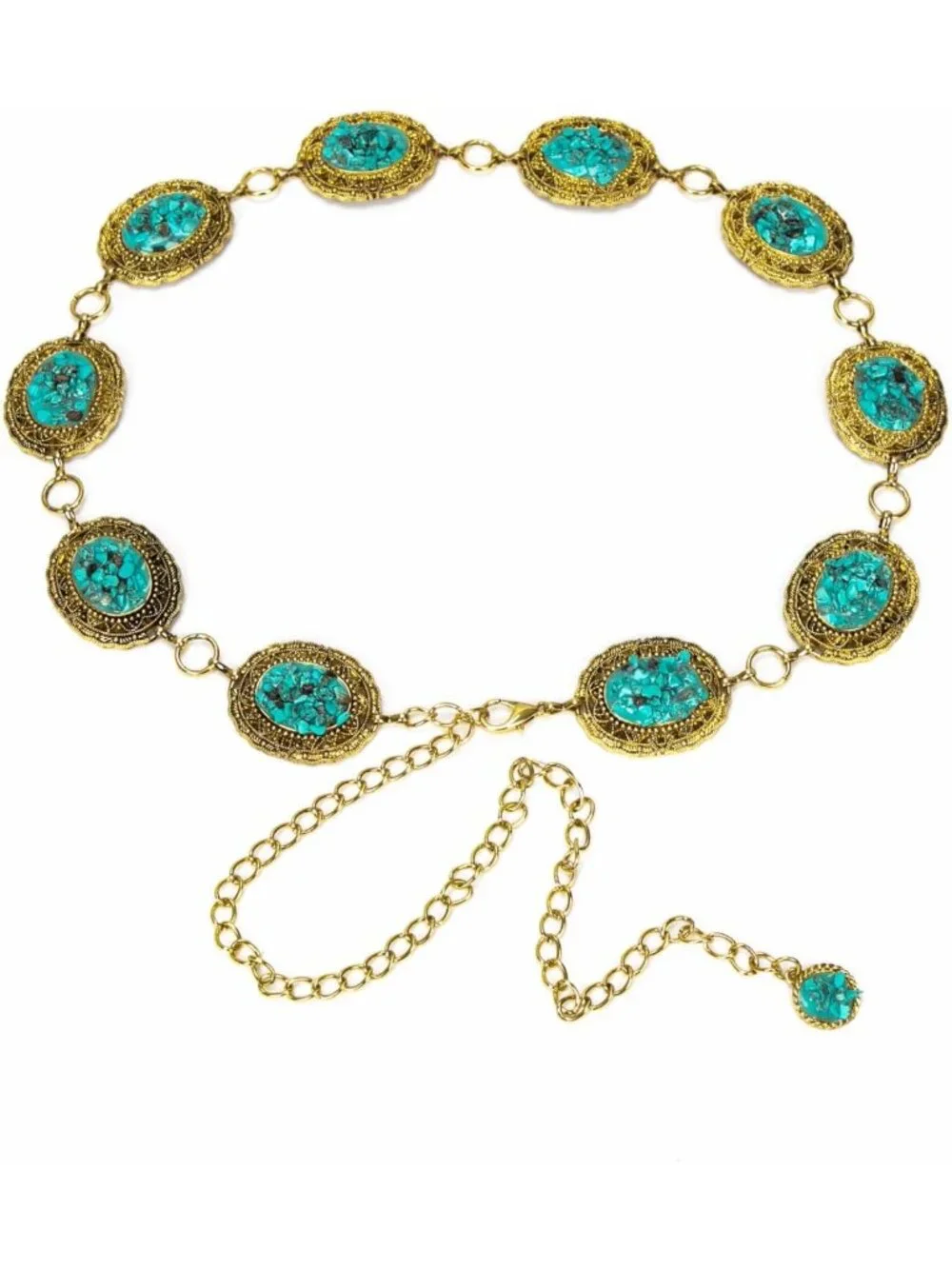Retro Gold Metal Waist Chain with Turquoise Stone - Women's Punk Western Belt